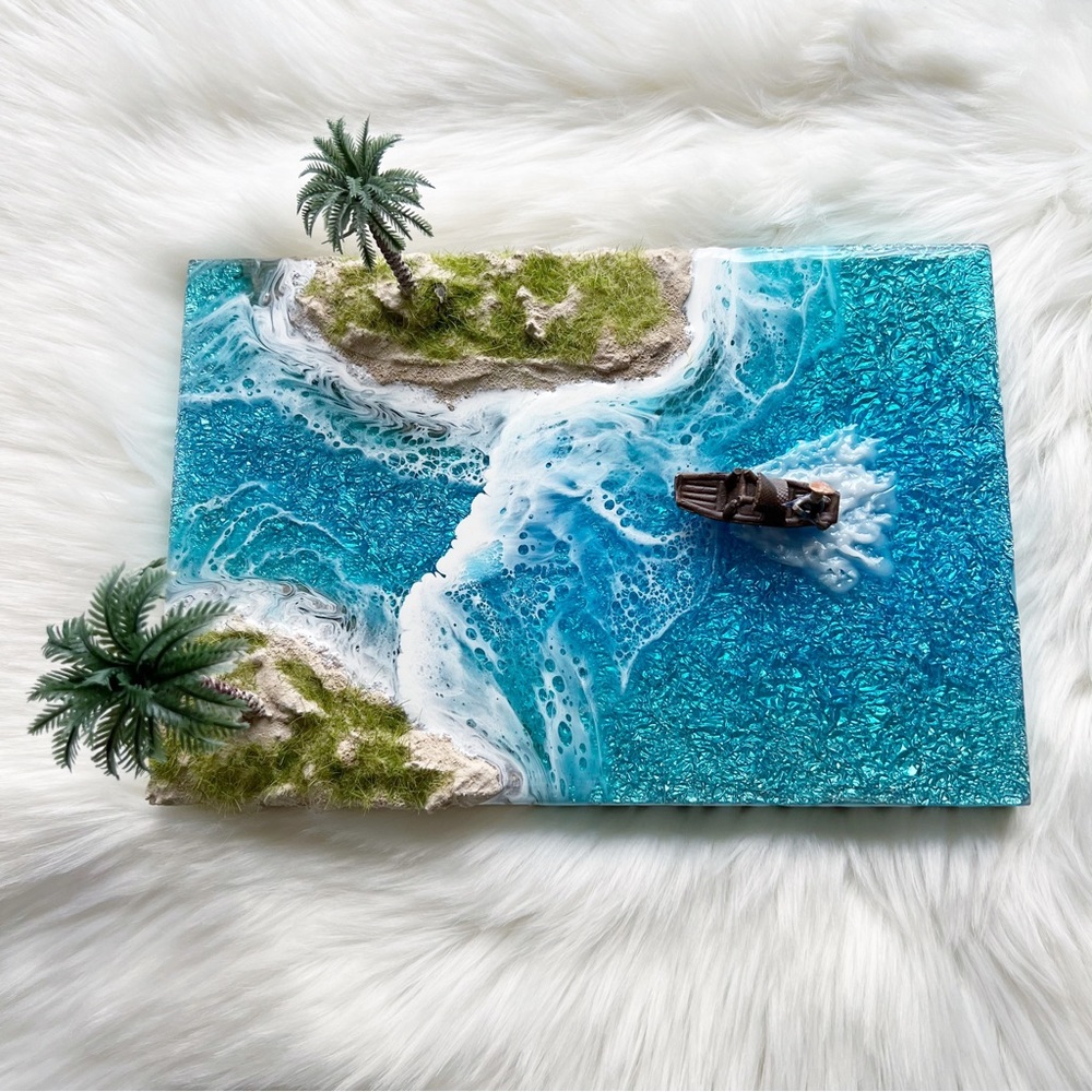 Custom Resin Ocean Tropical Seascape with Palm Trees Sandbars and a Boat Decor